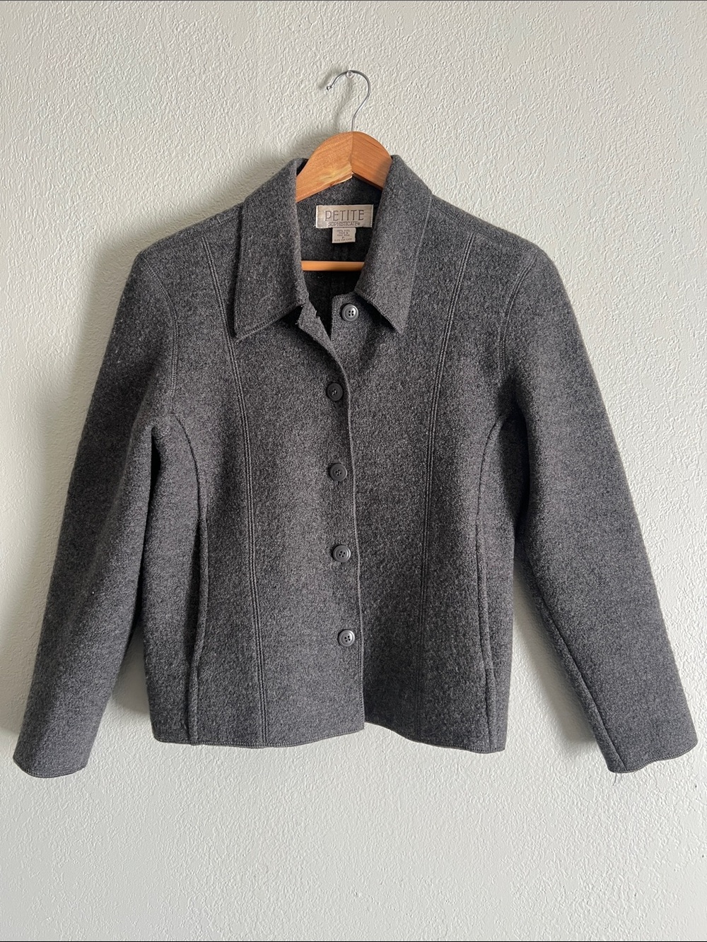 Petite Sophisticate Charcoal Gray Wool Button-Front Pea Coat